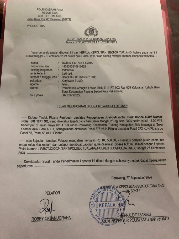 Kasus Penipuan dan Penggelapan Jual Beli Mobil Honda CRV di Siak: Pihak Kuasa Hukum Tuntut Tindakan Tegas dari Polsek Tualang